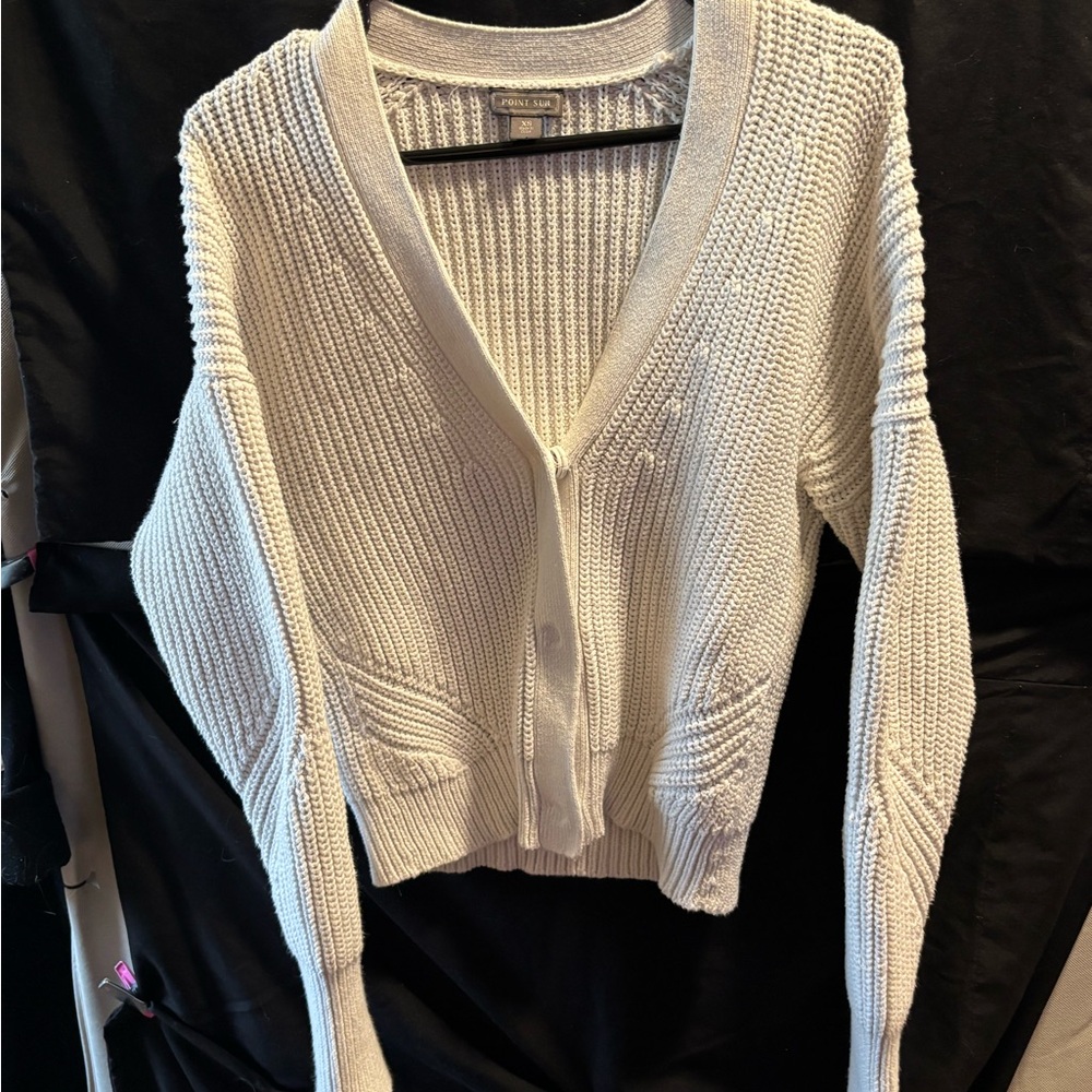 Point Sur Women's White  Pointelle Cardigan, Mohair Blend, Button Front, Size XS